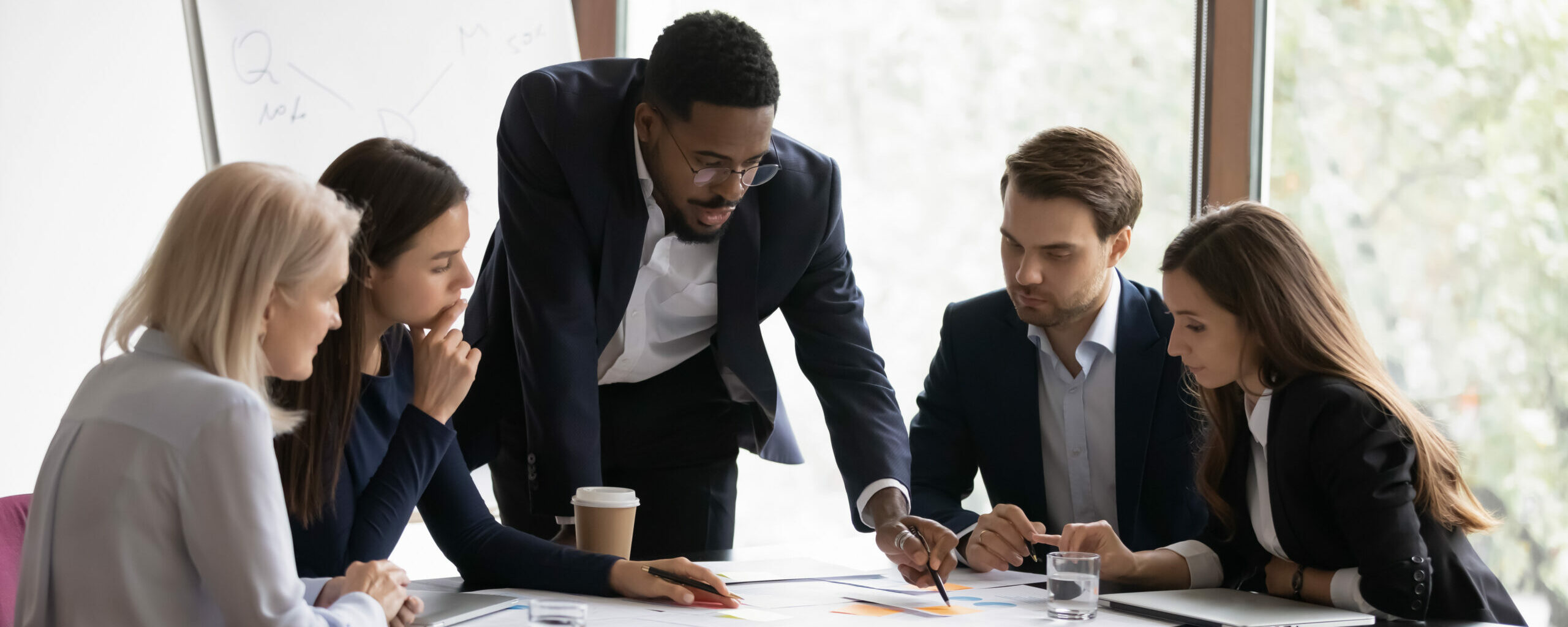 Confident,African,American,Male,Boss,Work,Cooperate,With,Diverse,Team
